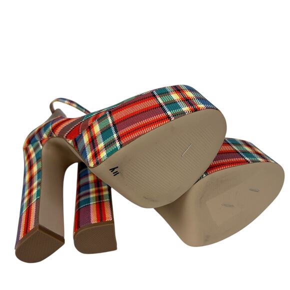 Steve Madden Skyscraper Red Multicolored Plaid Platform Heels 6 - Picture 5 of 6